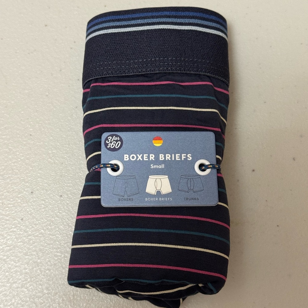 Marine Layer BOXER BRIEF navy w/multi stripes pink, beige, blue. L